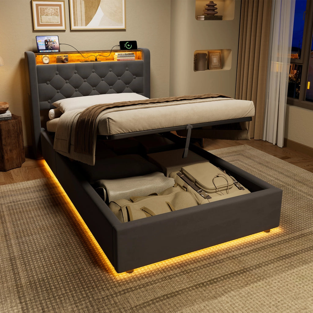 Letto imbottito grigio 90x200 cm con contenitore idraulico, LED e porte USB-A e USB-C