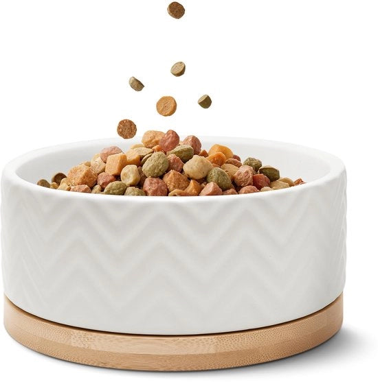 Ciotola per Cane in Ceramica con Base di Bambù - 990ml - Antiscivolo & Resistente al Lavastoviglie - Ciotola per Cane Moderna per Cani Grandi e Piccoli - Ciotola per Cane (Bianca, 1x)