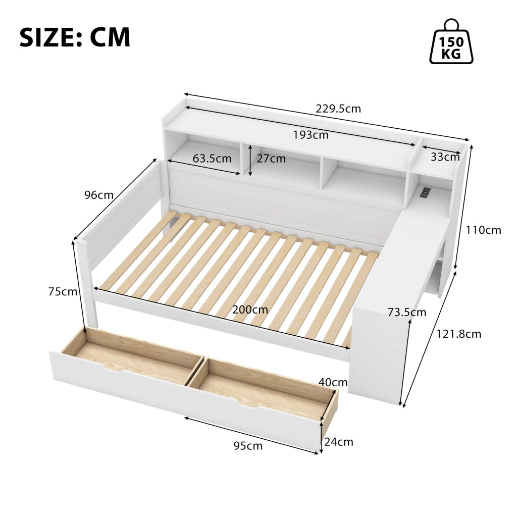Letto Singolo 90 x 200 cm con USB; prese e 2 cassetti; scrivania in truciolare Bianco