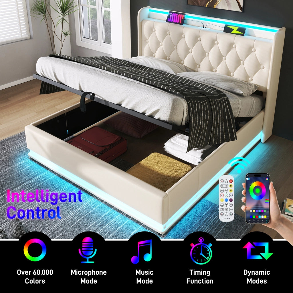 Letto matrimoniale contenitore 140 × 200 cm in PU bianco con LED a 360 gradi e ricarica USB e Type-C