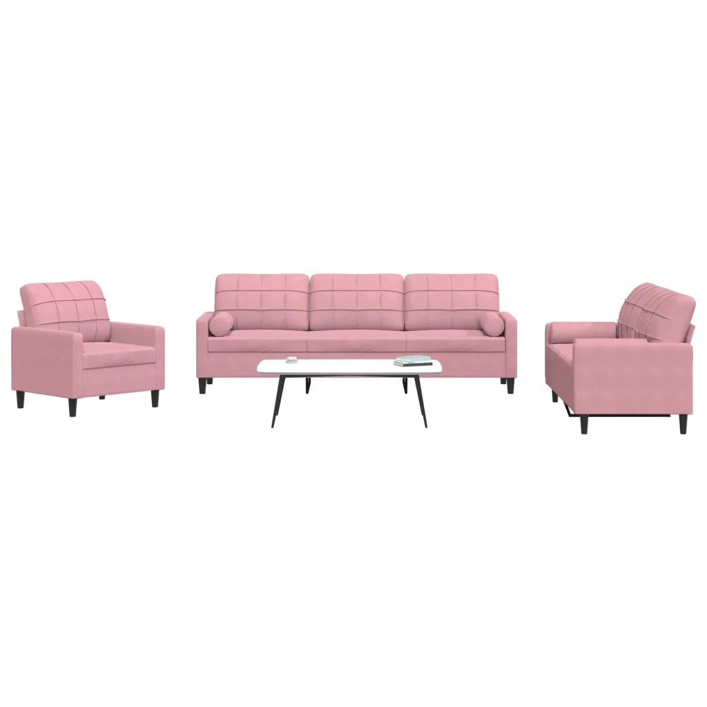 Set di Divani 3 pz con Cuscini e Rinforzi rosa in Velluto
