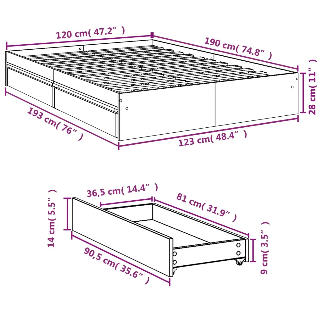 Letto matrimoniale | Letto per adulti | Giroletto Cassetti Rovere Sonoma 120x190 cm Legno Multistrato