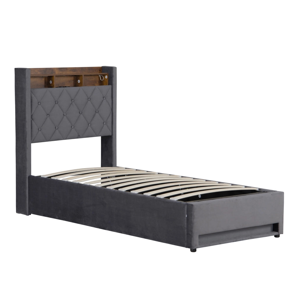 Letto Imbottito con Contenitore 90x190 cm Grigio in Velluto con LED e Porte USB