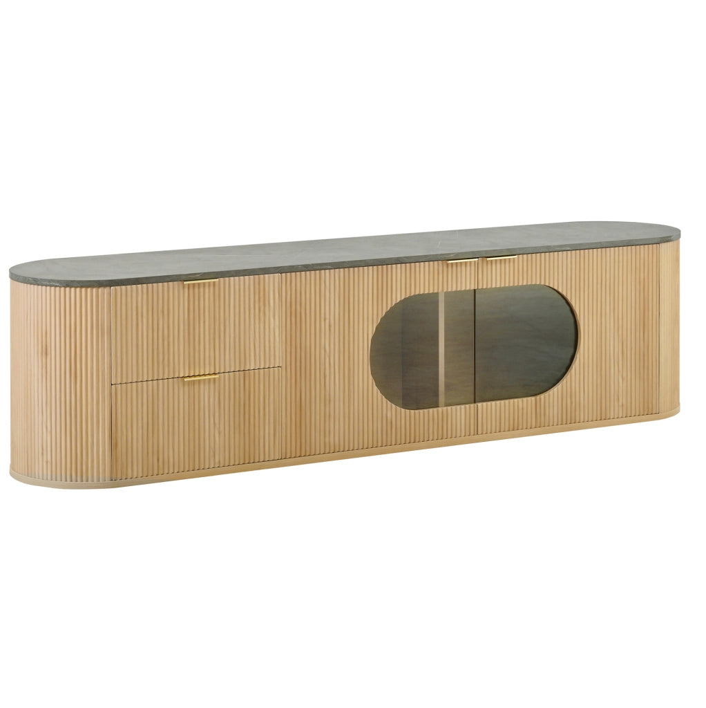 Mobile TV in MDF effetto legno naturale con ante 3D verticali e vetrina ovale in vetro grigio, 172x38x45,5 cm
