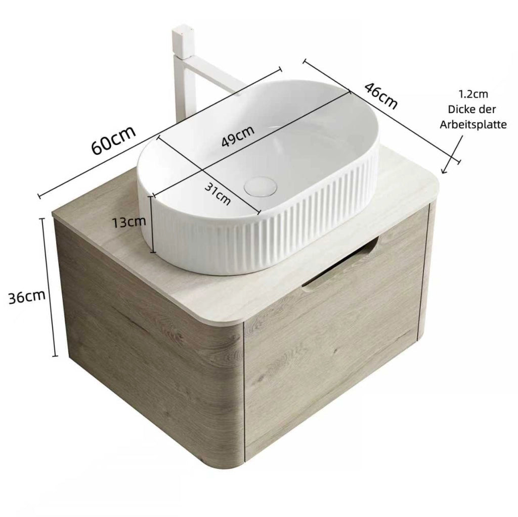 Mobile lavabo con cassetto soft-close e lavabo ovale in ceramica piano in pietra sinterizzata effetto travertino