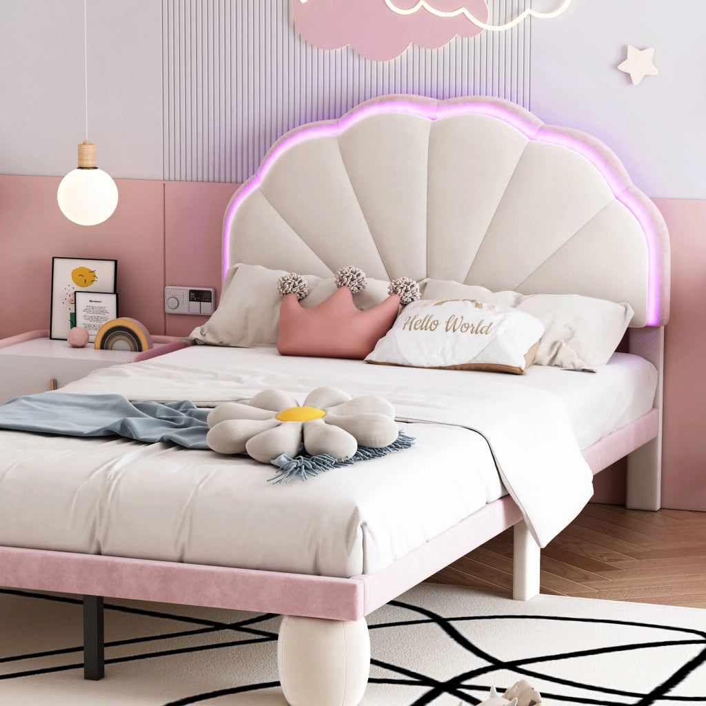 Letto singolo 90 ¡Á 200 cm con testiera imbottita LED multicolore in PU rosa e bianco con rete a doghe