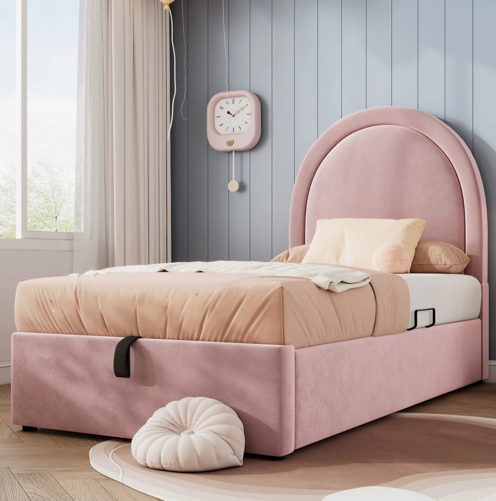 Letto imbottito per bambini 90x190 cm rosa in velluto senza materasso