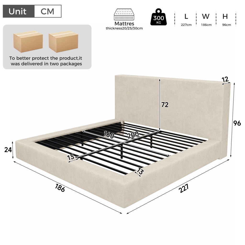 Letto matrimoniale 160 x 200 cm in ciniglia beige, letto imbottito con rete a doghe, testiera trapuntata spessa e struttura rinforzata