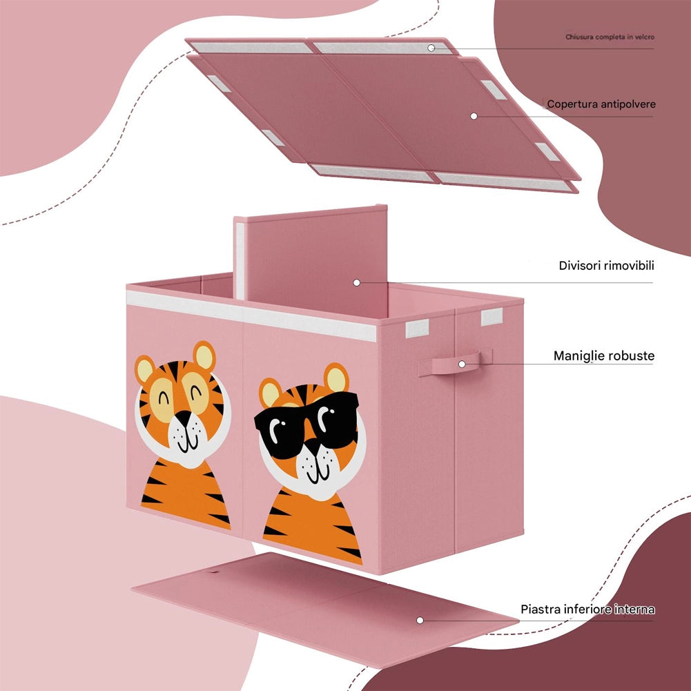 Contenitore Box 2 Scomparti Porta Giocattoli Pieghevole con Coperchio 80LT Organizer Rosa