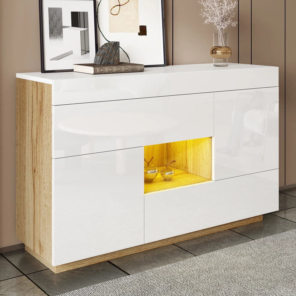 Sideboard vetrina con illuminazione LED a cambio colore e cassetti, finitura lucida