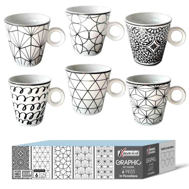 Set 6 Tazze Tazzine in Ceramica Senza Piattini Graphic