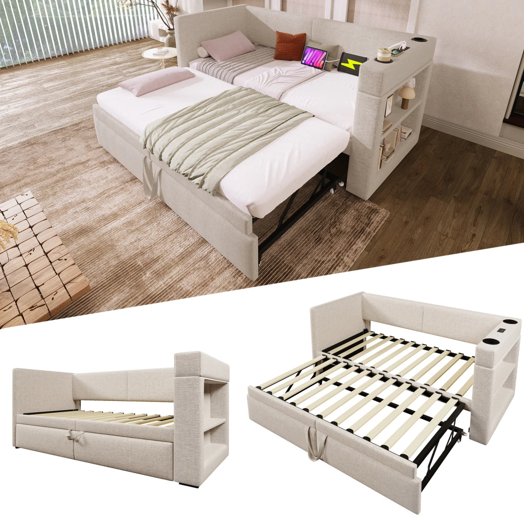Divano letto estraibile 90x200 cm beige con USB, Type-C, portabicchieri e ripiani