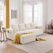 Divano modulare angolare con chaise longue reversibile; porta bicchieri e tasche; velluto a coste beige