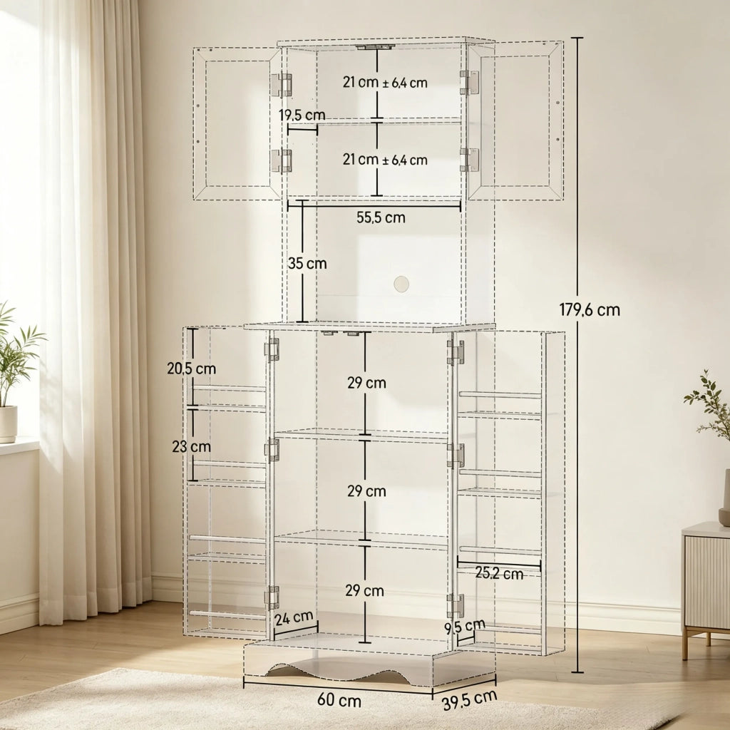 Alta Credenza da Cucina con 4 Ante, Piano di Lavoro e Ripiani Regolabili, 8 Portaspezie, Mobile Contenitore Pratico per la Cucina