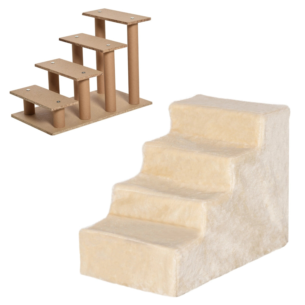 Scaletta per animali a 4 gradini con rivestimento in peluche rimovibile beige per divano o letto 60 × 35 × 44 cm