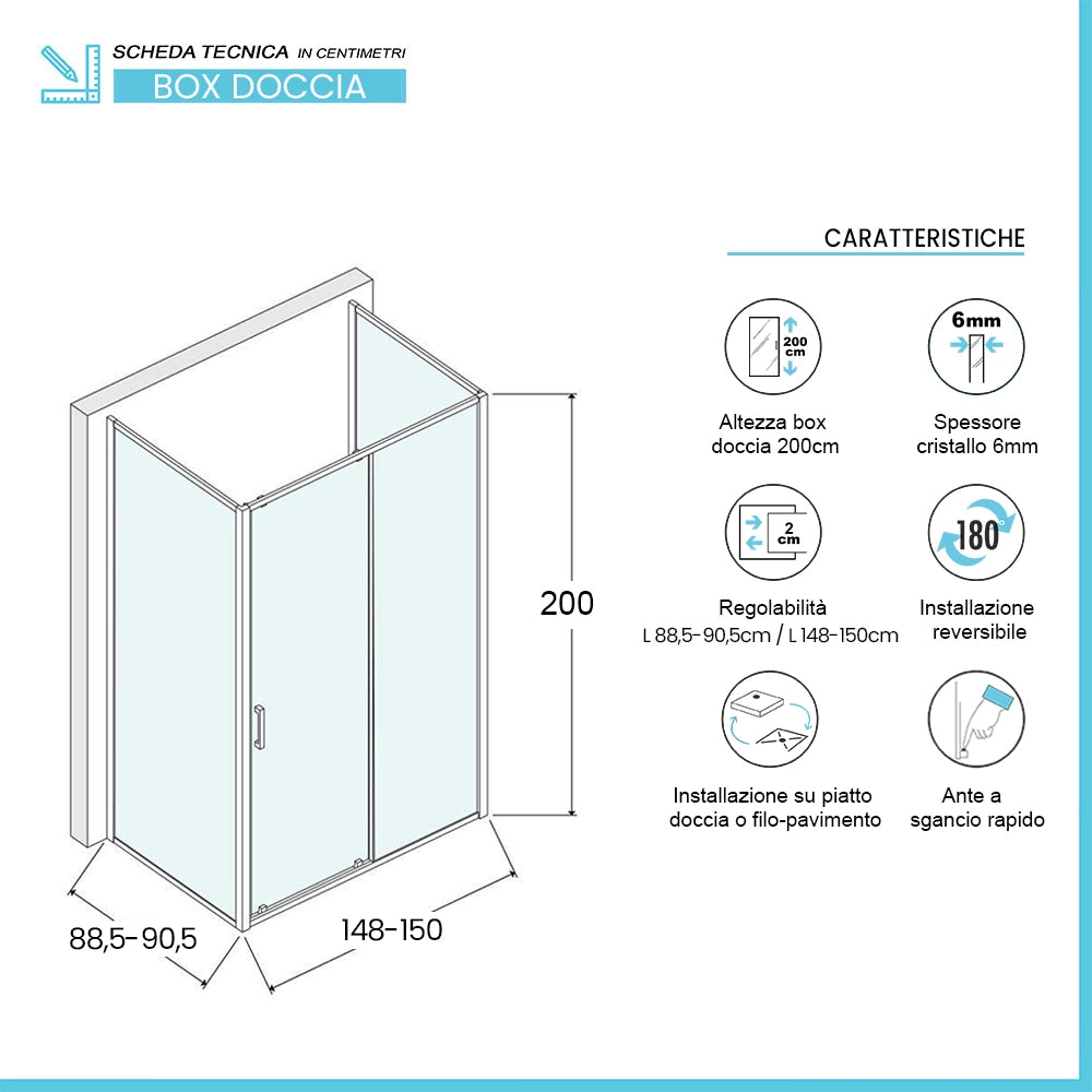 Box doccia 3 lati 90x150x90 cm con porta scorrevole in vetro trasparente Ted