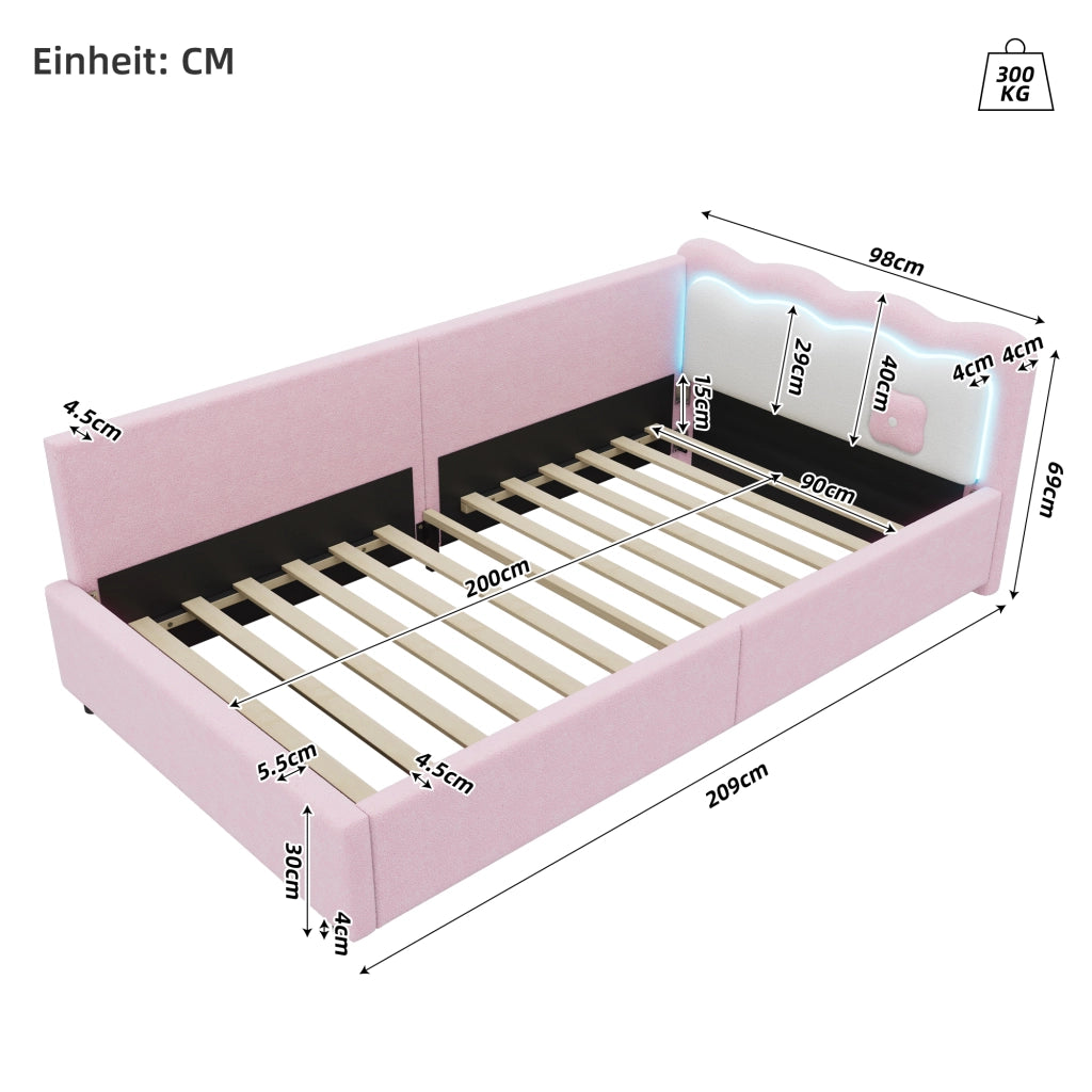 Letto singolo daybed 90 ¡Á 200 cm con rete a doghe LED regolabile in MDF e rivestimento rosa