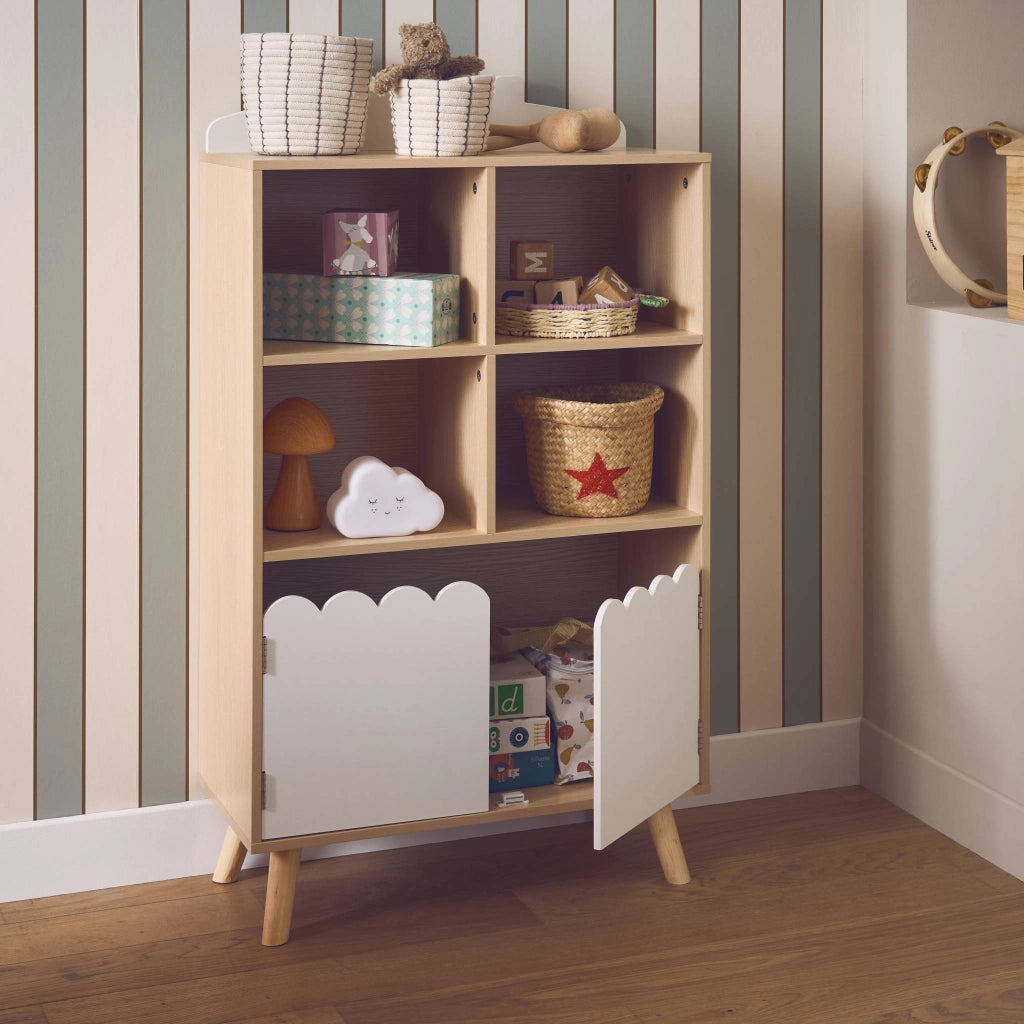 Biblioteca per bambini in legno di pino 2 porte e 4 scaffali, bianco