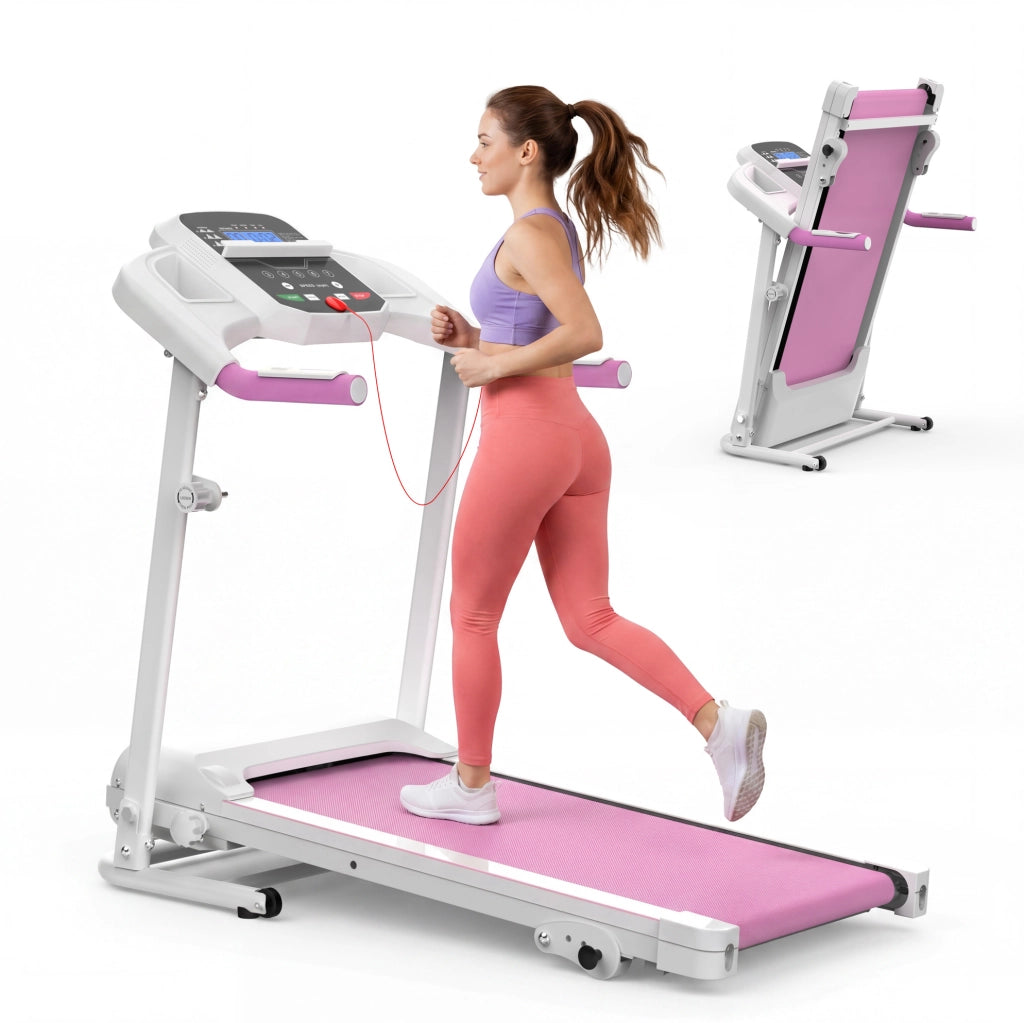 Tapis roulant pieghevole ULEVR con 3 programmi, display LED e ruote di trasporto, bianco e rosa