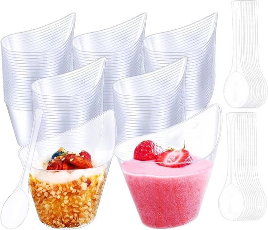 Set di bicchieri dessert trasparenti 200 ml con cucchiai, riutilizzabili per mousse e budino - Adatto per buffet e feste di dessert