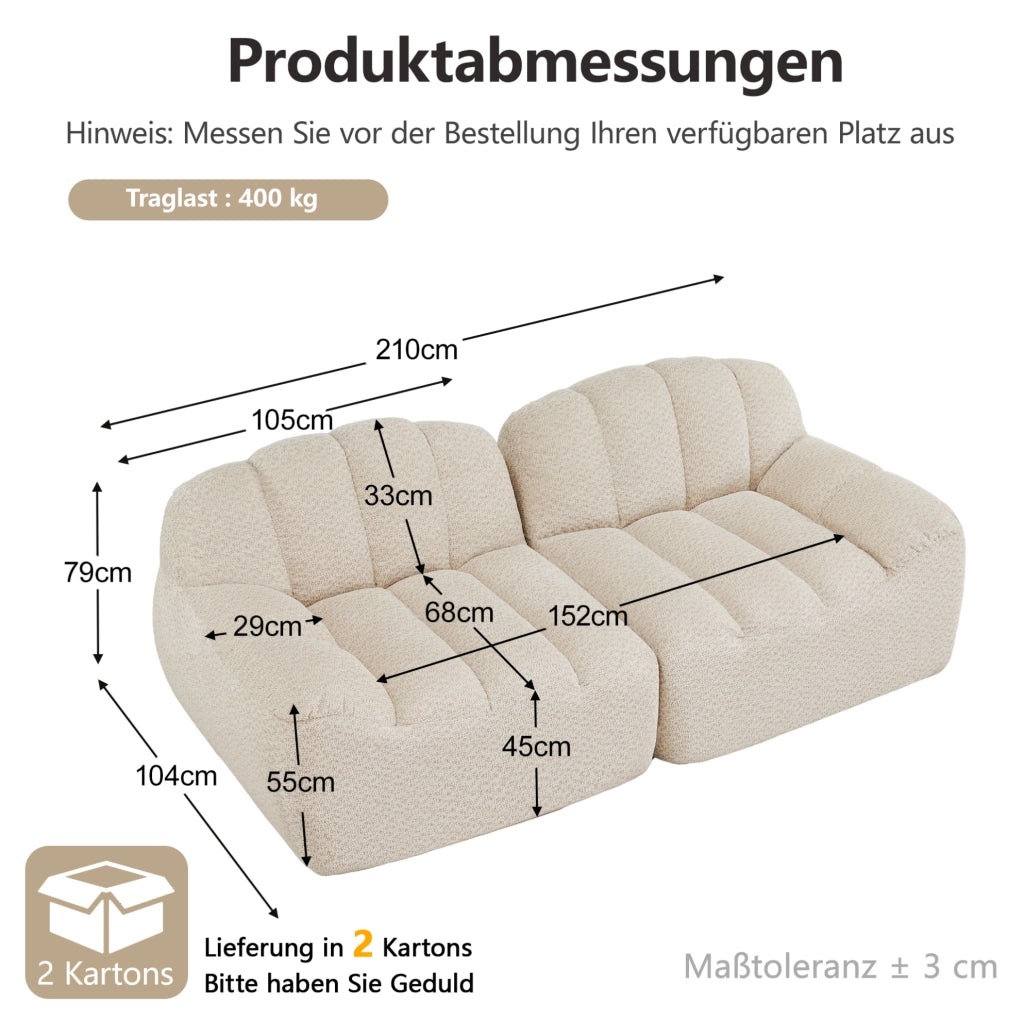 Divano modulare a 2 posti senza struttura, forma a conchiglia, cuscini profondi, beige chiaro