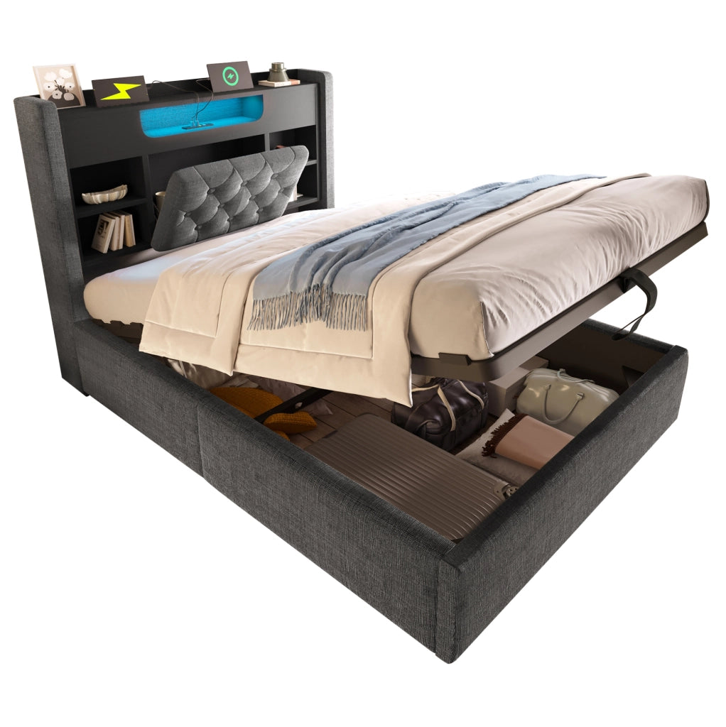 Letto 90x200 cm con contenitore idraulico, LED e porte USB, in lino grigio
