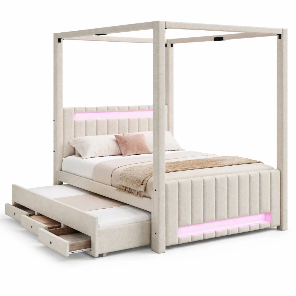 Letto a baldacchino imbottito 140x200 cm per adulti con letto estraibile; LED e 3 cassetti; lino beige