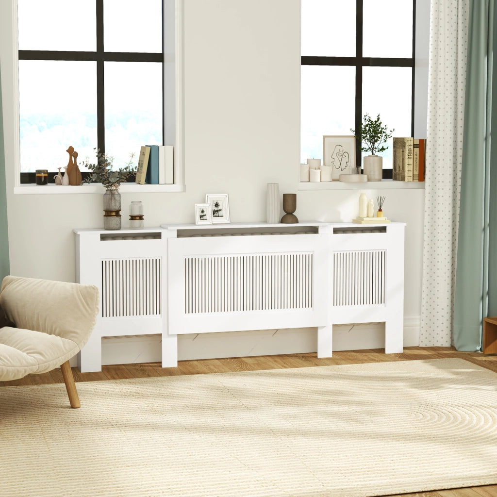 Mobile copritermosifone estensibile 125-201 cm in MDF bianco con design a doghe e ripiano per casa