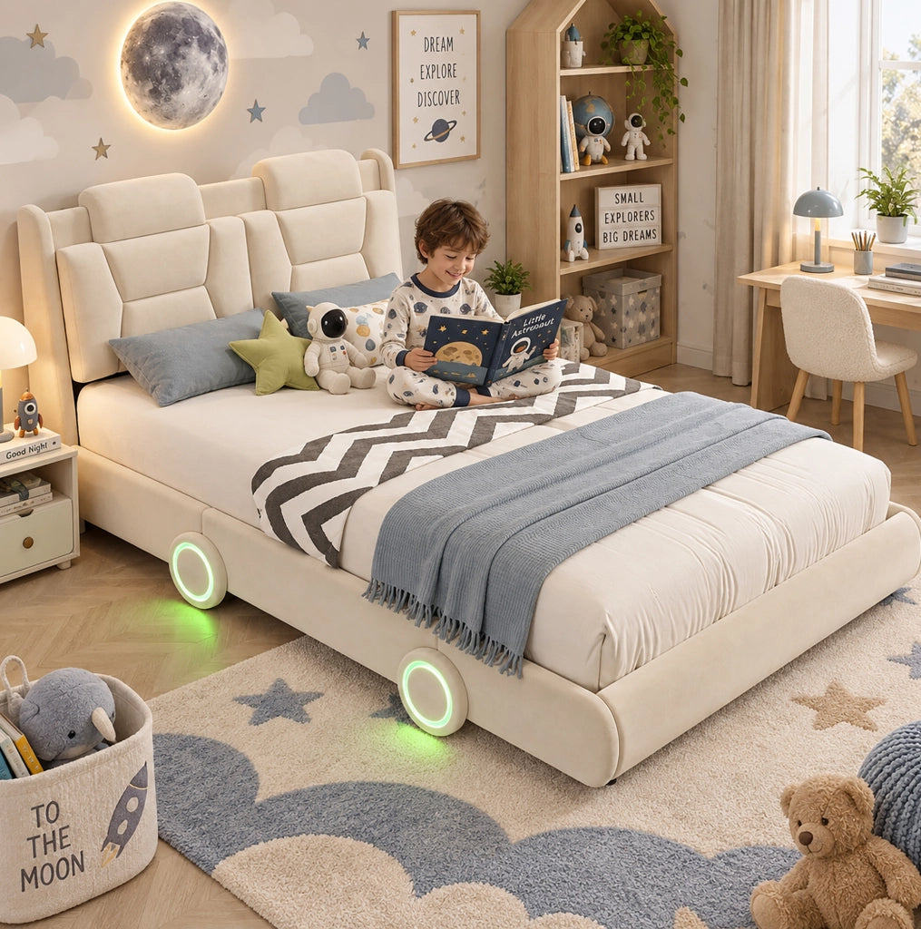 Letto Imbottito per Bambini a Forma di Auto 140 x 200 cm Beige in Flanella - Senza Materasso