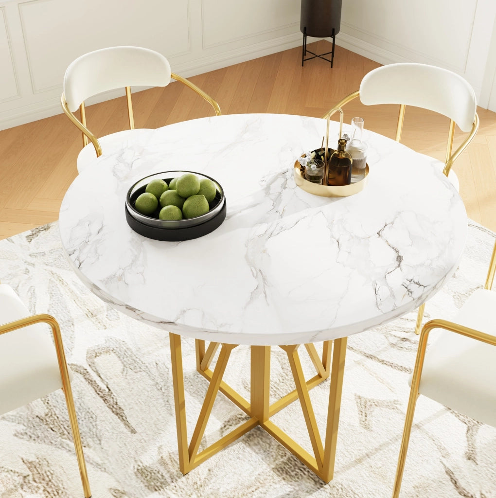 Tavolo rotondo 80 cm MDF effetto marmo, gambe metallo dorato, 4-6 persone