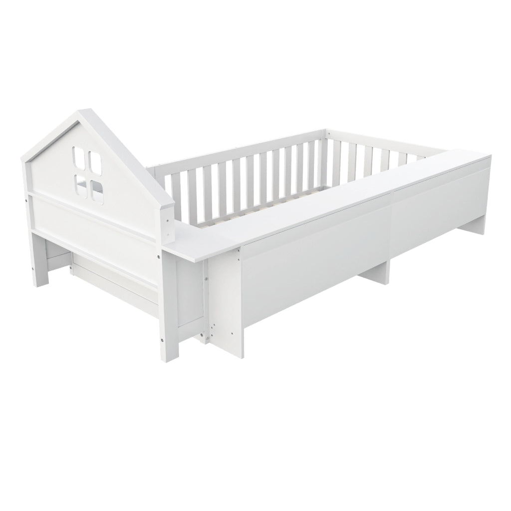 Letto a casetta 90 × 200 cm con vani portaoggetti; finestre; barriera con porta e rete a doghe in legno bianco