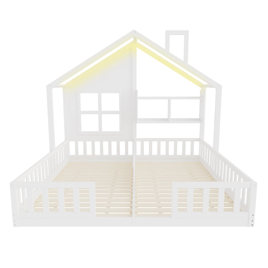 Letto doppio per bambini 2x90x200 cm con LED, ripiani e struttura in legno bianco