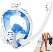 Duikmasker Panoramico a 180° - Sistema Doppia Tubo - Tecnologia Top asciutta - Copertura Totale del Volto - Per Snorkeling e Freediving - Bianco Blu