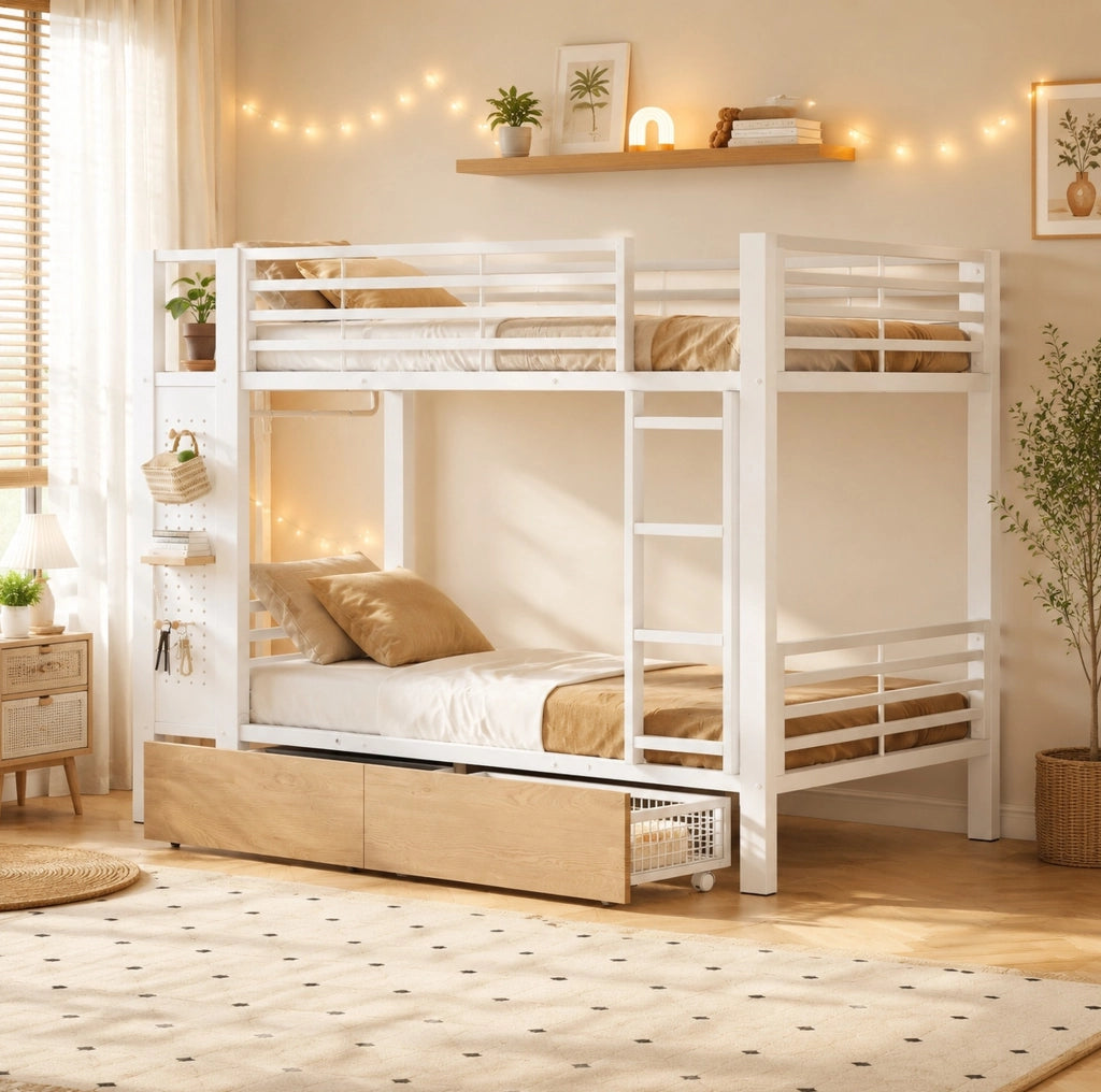 Letto a castello 90x200 cm con cassetti, LED e appendiabiti