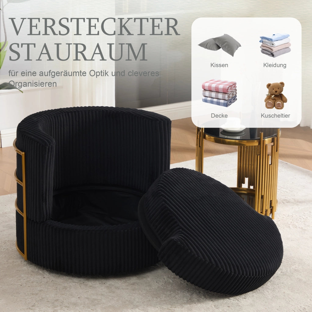 Poltrona girevole a 360 gradi in velluto a coste nera con vano contenitore e seduta imbottita 76 × 79 × 78 cm