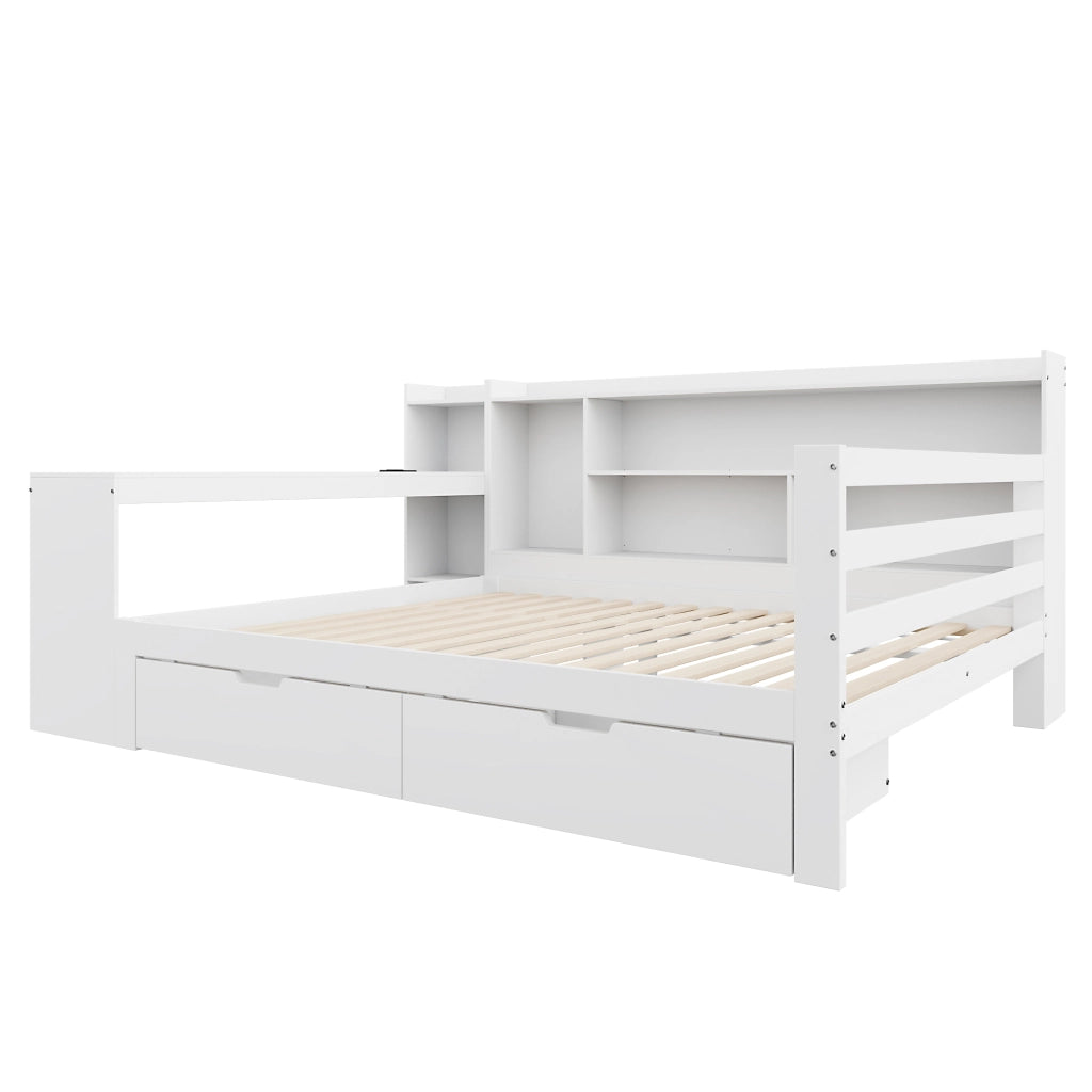 Letto matrimoniale 140x200 cm in legno bianco con scrivania; libreria; cassetti e presa USB