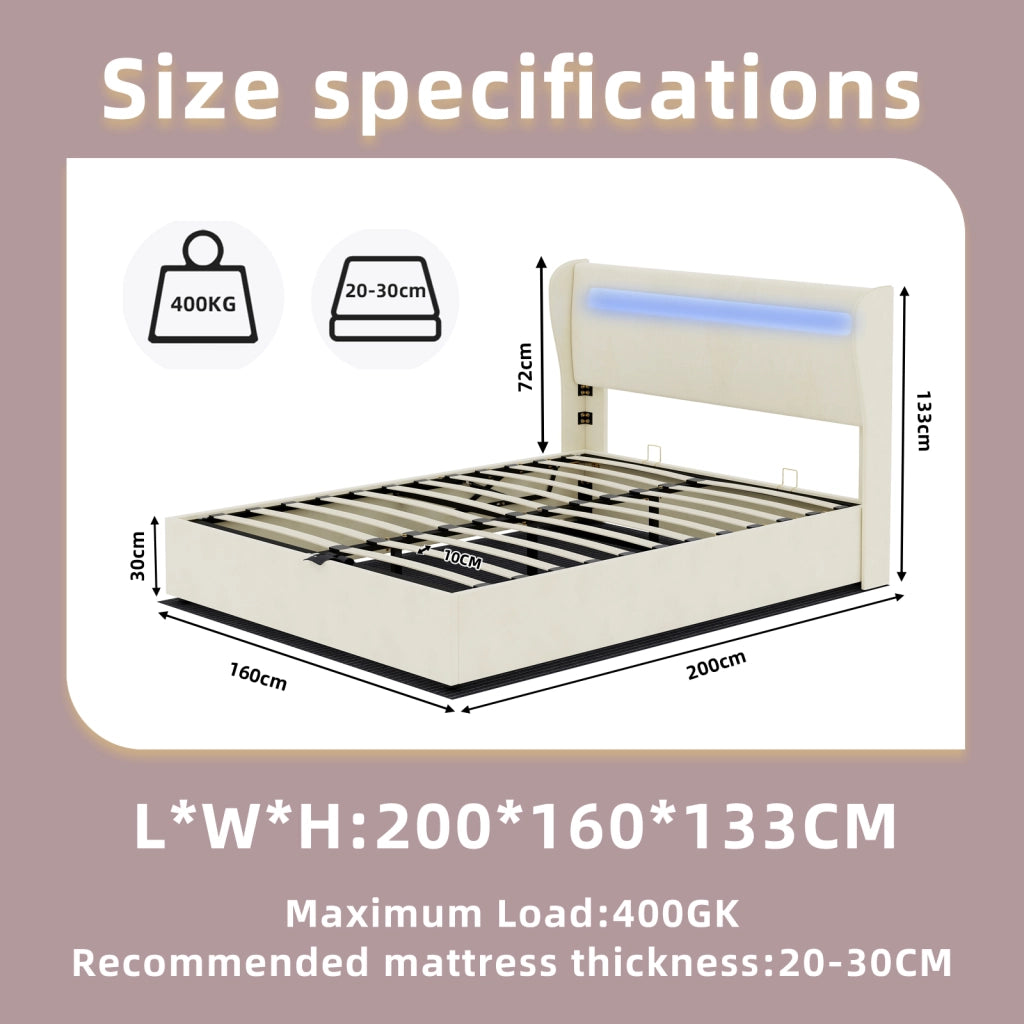 Letto matrimoniale 160 × 200 cm 2 posti con LED regolabile e testiera regolabile, senza materasso, beige