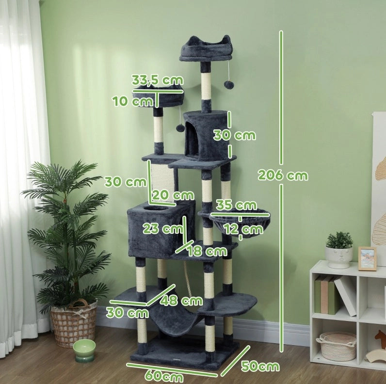 Tiragraffi per gatti 206 cm con cucce e amache grigio scuro