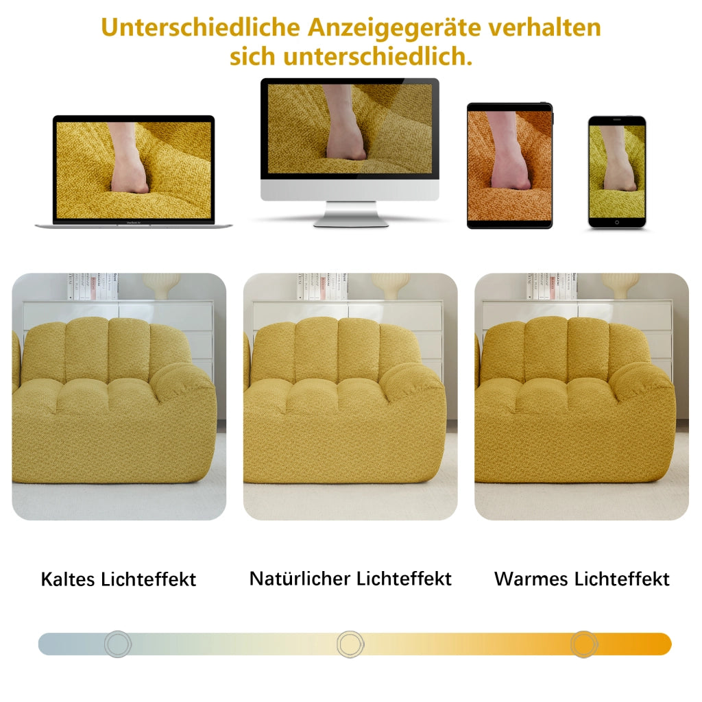 Divano angolare modulare senza struttura con seduta ampia e pouf per soggiorno in pile granulato giallo 210 × 165 × 79 cm