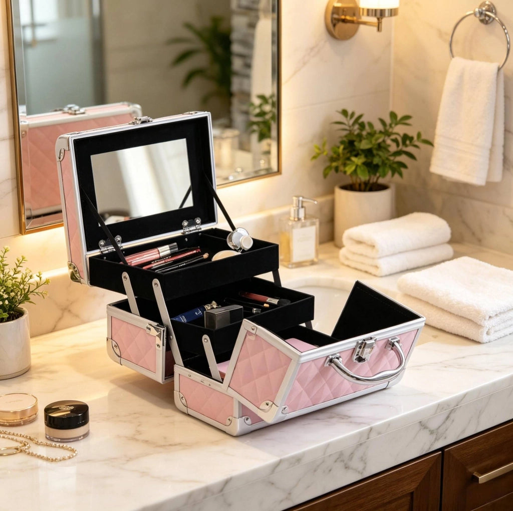 Valigetta trucco 20x15x15 cm in alluminio rosa con specchio, 3 livelli,