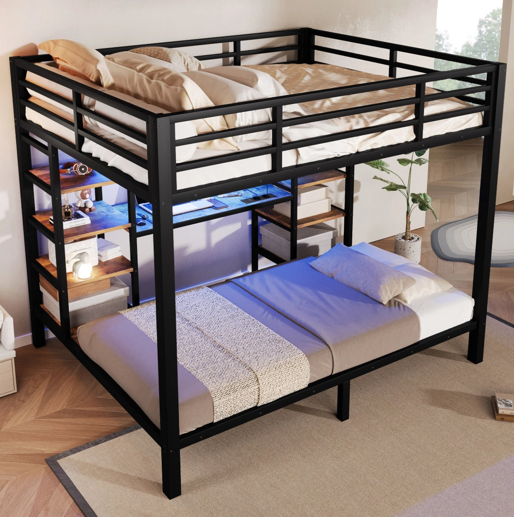 Letto a castello nero con LED, prese di ricarica e ripiani