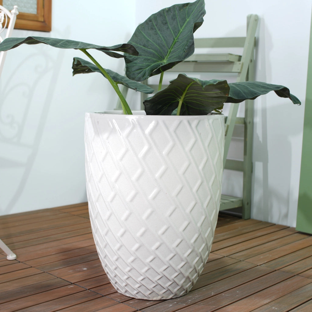 Vaso in ceramica fatto a mano bianco lucido con motivo a rombi e fori di drenaggio diametro 42 cm altezza 54 cm