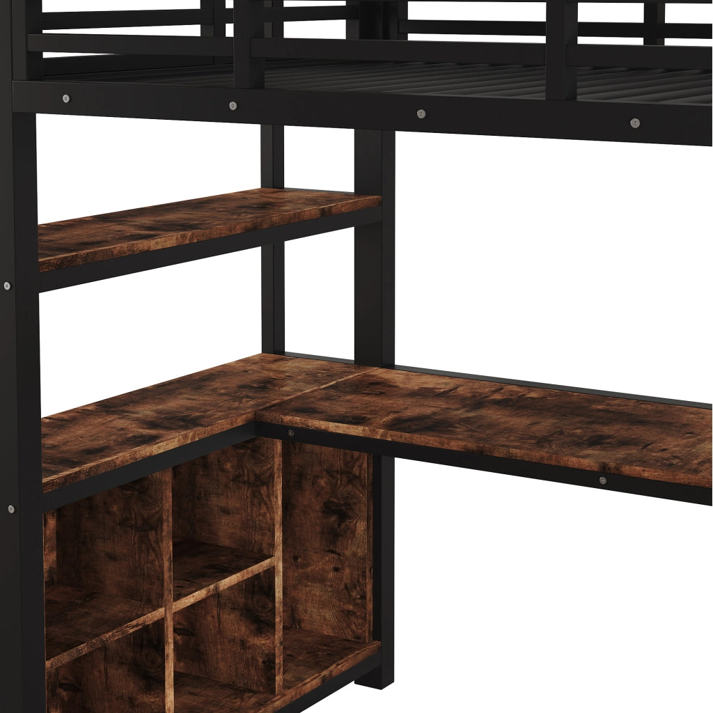 Letto a soppalco per bambini 90x200 cm con scrivania; appendiabiti; ripiani e vani; metallo e MDF nero