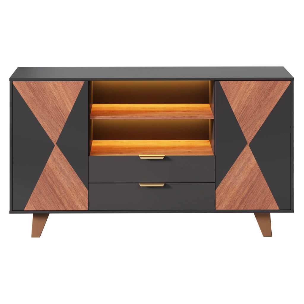 Credenza da cucina con illuminazione LED RGB; 150 x 40 x 90 cm; mobile buffet in MDF naturale e nero