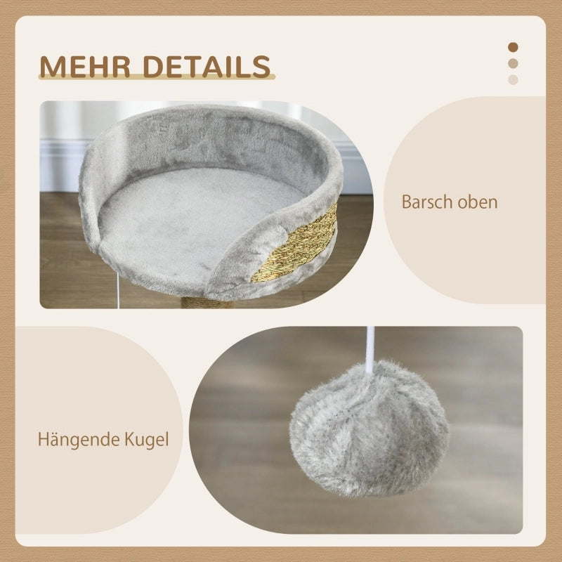 Tiragraffi per gatti con cuccia; palo in juta e pallina sospesa; grigio; 40 × 40 × 49 cm; per gatti fino a 4 kg