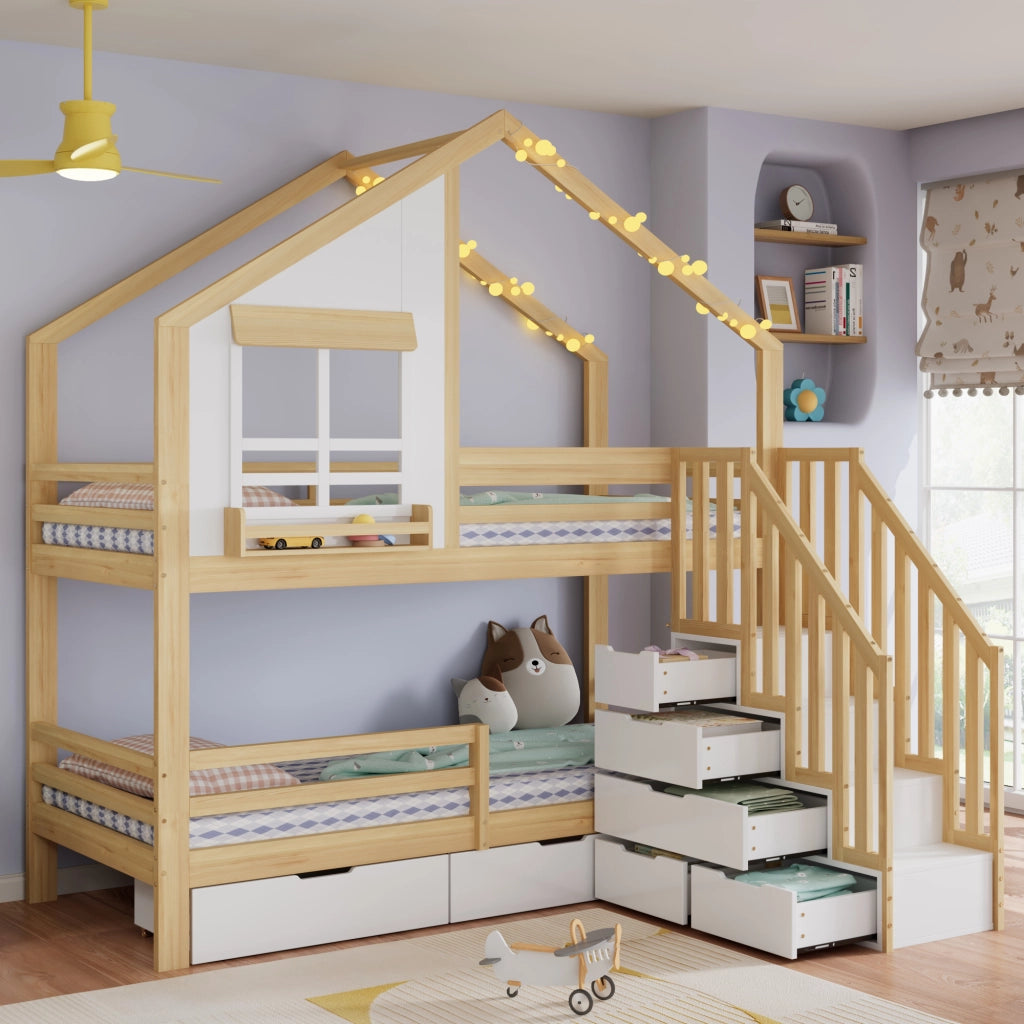 Letto a castello per bambini 90x200 cm in pino e MDF; a casetta; bianco e naturale; con scala contenitore e cassetti