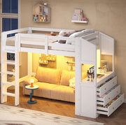 Letto a soppalco 90x200 cm con 3 cassetti; ripiani e LED; bianco