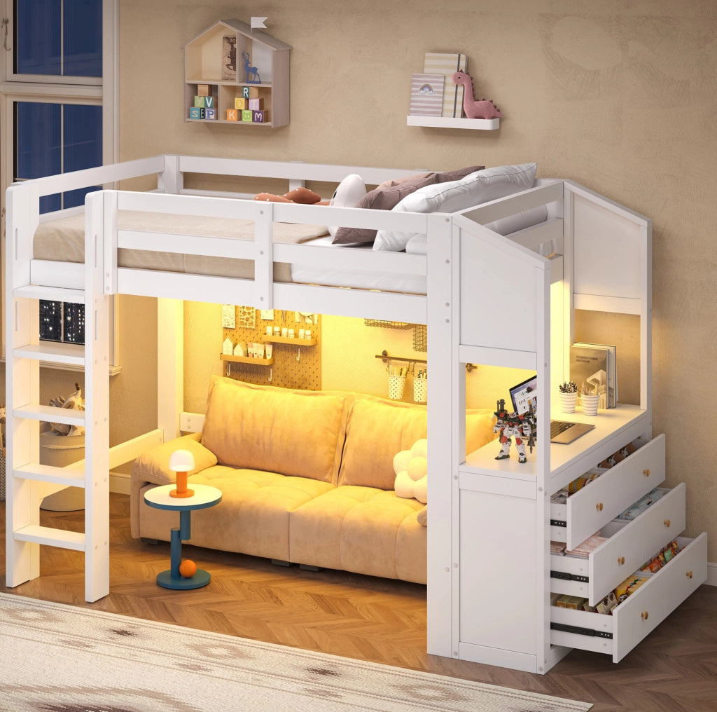 Letto a soppalco 90x200 cm con 3 cassetti; ripiani e LED; bianco