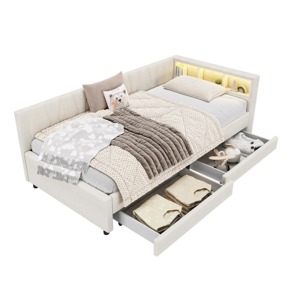 Letto singolo 90x200 con cassetti e vani; rete a doghe; lino grigio