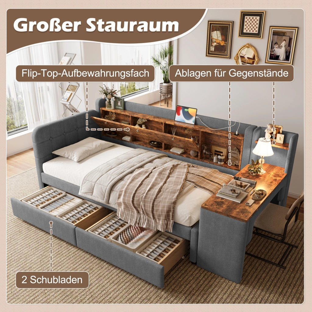 LETTO Giorno 90x200 cm Grigio in lino con scrivania, 2 cassetti e USB Tipo C